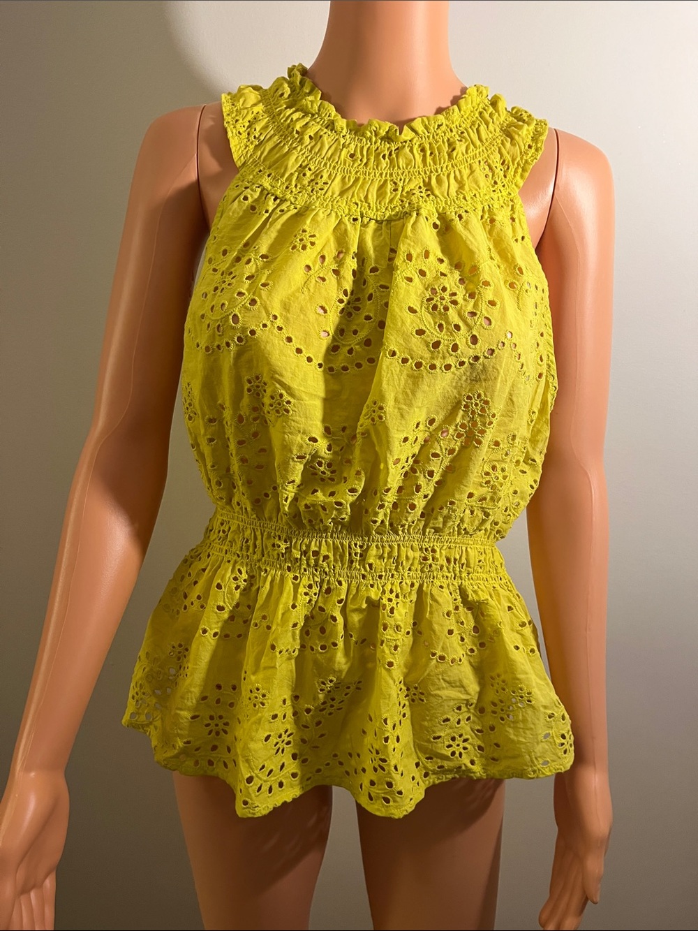 Marc New York Bright Yellow Eyelet Smocked Peplum Top